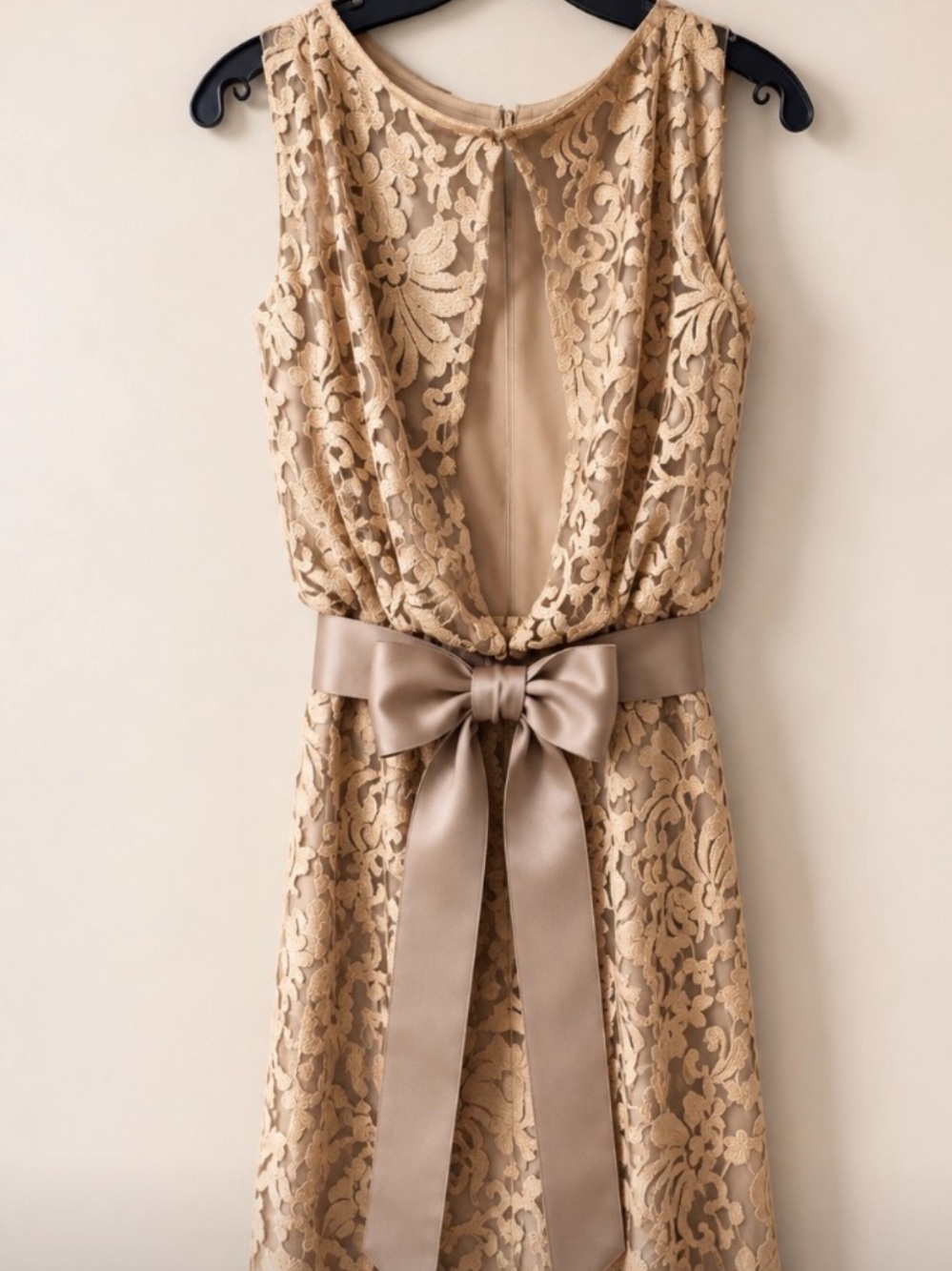 Tadashi Shoji Champagne Lace Backless Dress with Satin Bow